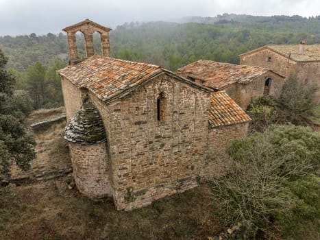 Romanesque church of Sant Cugat de Salou or Raco in Navas (Bages) Catalonia. Spain. Greek cross plan and Lombard decoration, 10th century, Aerial plan view. detail view of the apse