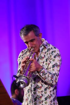 Cracow, Poland - July 4, 2022: Adam Baldych Quartet and Paolo Fresu live on stage of  Krakow Philharmonic at Summer Jazz Festival in Cracow, Poland