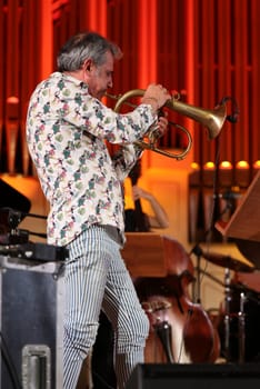 Cracow, Poland - July 4, 2022: Adam Baldych Quartet and Paolo Fresu live on stage of  Krakow Philharmonic at Summer Jazz Festival in Cracow, Poland