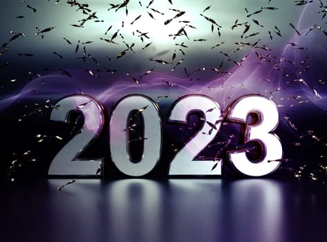 Shiny steel number 2023 with reflections and glitter, 3d rendering