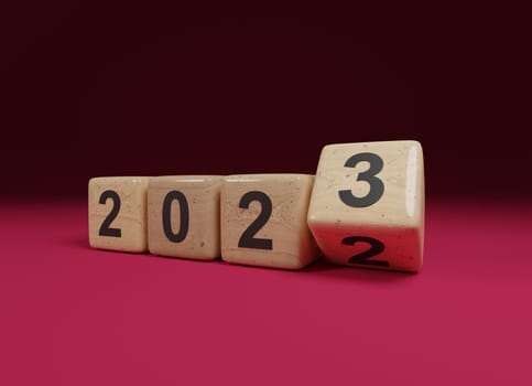 Flipping wooden cubes with the Year number 2022 and 2023 on a magenta background, New Year concept, 3d rendering