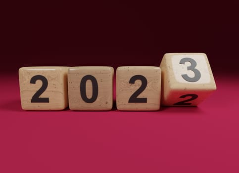 Flipping wooden cubes with the Year number 2022 and 2023 on a magenta background, New Year concept, 3d rendering