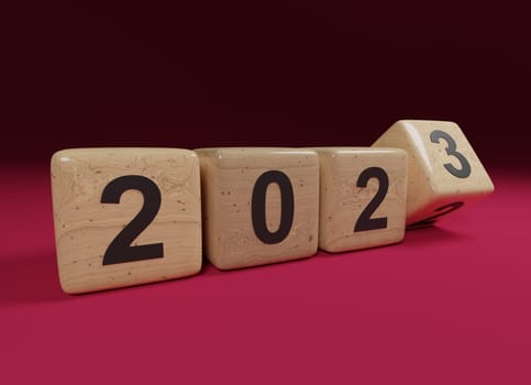 Flipping wooden cubes with the Year number 2022 and 2023 on a magenta background, New Year concept, 3d rendering