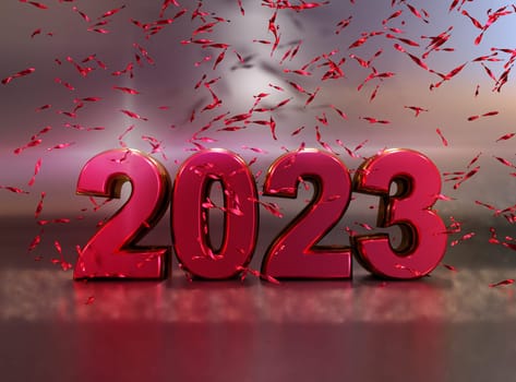 Shiny steel number 2023 with reflections and glitter, 3d rendering