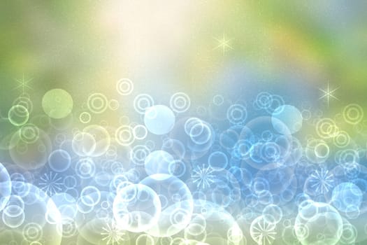 Abstract blurred festive delicate winter christmas or Happy New Year background with shiny blue green and white bokeh lighted circles stars. Space for your design. Card concept.