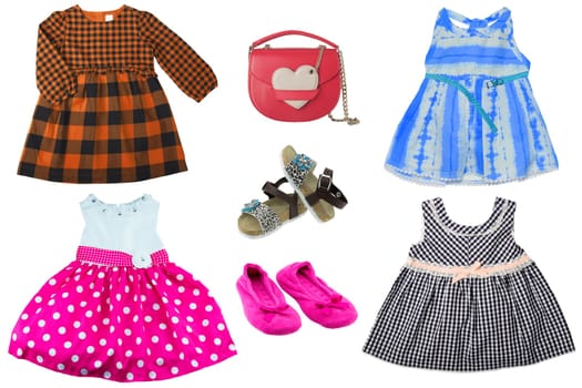 Collage set of little girl summer clothes isolated. The collection of various colorful dresses, sandales and slippers and a beautiful handbag. Fashionable kids outfit.
