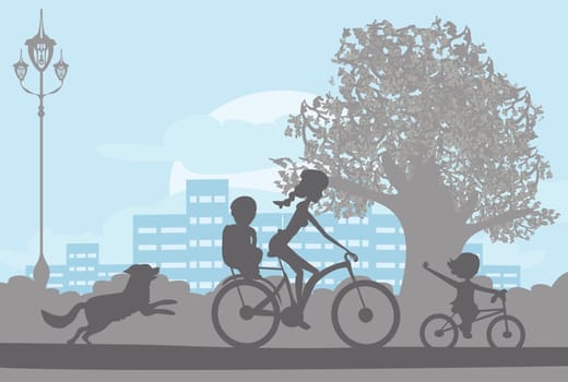 bicycle ride in the city park with children