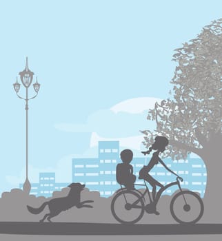 bicycle ride in the city park with a child