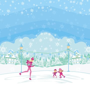 mother and her cute daughters on a skating rink