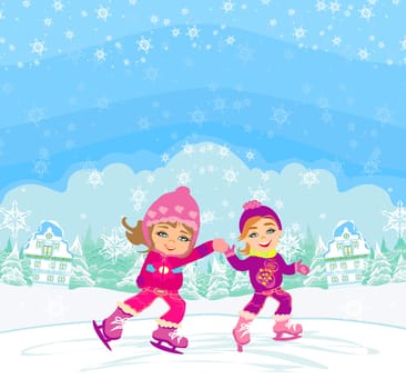 happy children ice skating on a winter day