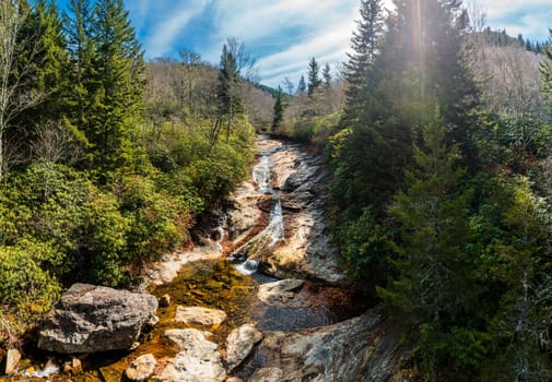 Bubbly Falls waterfall in Appalachian Mountains of North Carolina near Blue Ridge Parkway