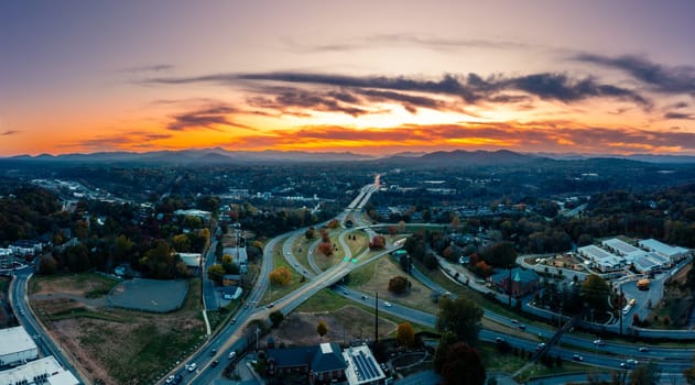 Scenic aerial view of sunset over Smoky Mountains from Asheville, North Carolina