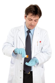 Doctor or veterinarian with a bottle of prescription medicine.