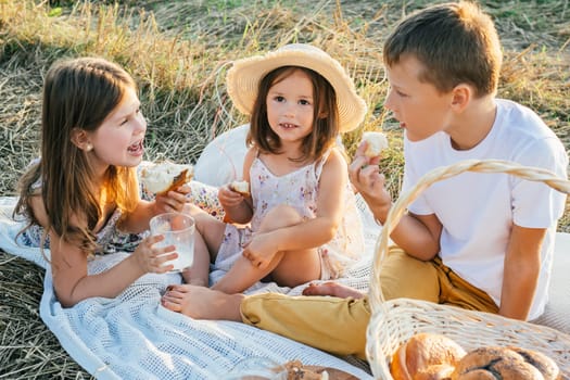 Happy friends talk, eat fresh buns and drink milk sitting on blanket on field. Portrait of little children resting on grass. Outdoor walking and picnic. Summer vacation, countryside lifestyle.