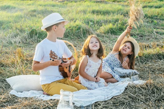 Handsome little boy play ukulele sitting on blanket on field among dry cut grass. Portrait of children resting on grass. Outdoor picnic. Friends play together. Summer vacation, countryside lifestyle.