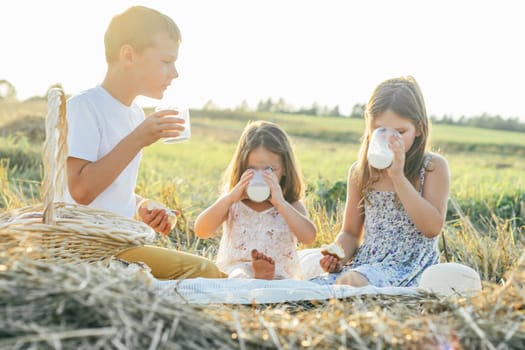Happy friends eat food and drink fresh milk sitting on blanket on field. Silhouettes of little children on sunlight. Tasty and nutritious outdoor picnic. Summer vacation, countryside lifestyle.