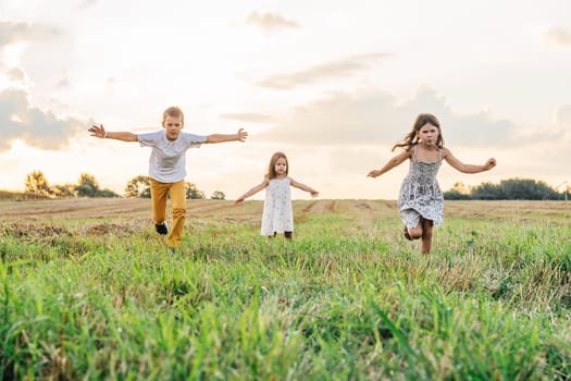 Happy little children play together and run forward across field waving arms wide. Carefree kids on grassy meadow. Outdoor walking. Beautiful sunny sky. Summer vacation, countryside lifestyle.