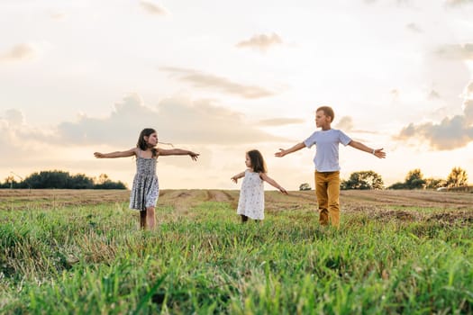 Little children stand together on field and raise arms open wide looking to each other. Carefree kids on grassy meadow. Outdoor walking. Beautiful sunny sky. Summer vacation, countryside lifestyle.