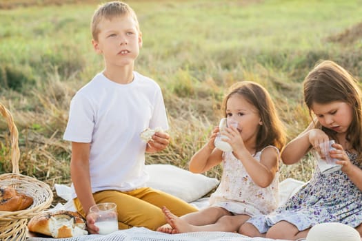 Happy friends eat fresh buns and drink milk sitting on blanket on field. Portrait of little children resting on grass. Tasty and nutritious outdoor picnic. Summer vacation, countryside lifestyle.