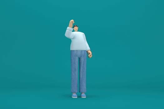 cartoon character wearing jeans and  long shirt. He is expression  of body and hand when talking. 3d rendering in acting.