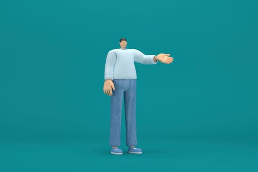 cartoon character wearing jeans and  long shirt. He is expression  of body and hand when talking. 3d rendering in acting.