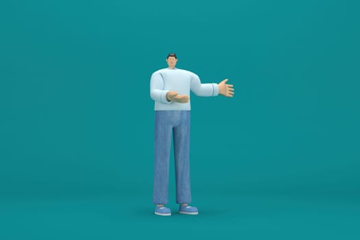 cartoon character wearing jeans and  long shirt. He is expression  of body and hand when talking. 3d rendering in acting.