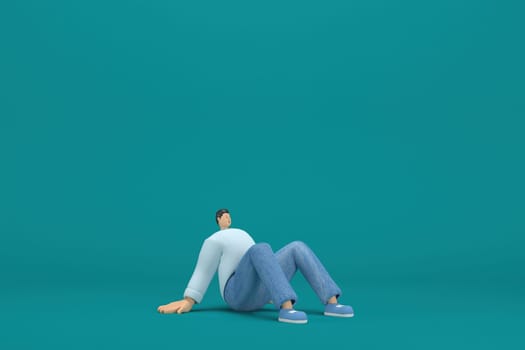cartoon character wearing jeans and  long shirt. He is expression  of body and hand when talking. 3d rendering in acting.