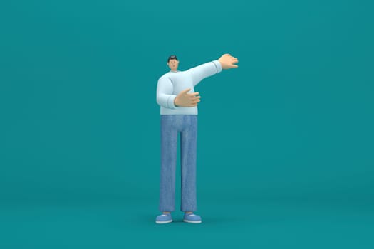 cartoon character wearing jeans and  long shirt. He is expression  of body and hand when talking. 3d rendering in acting.