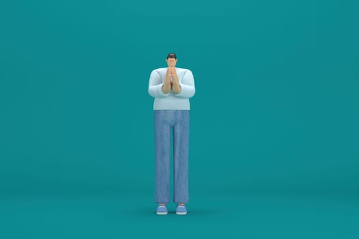 cartoon character wearing jeans and  long shirt. He is expression  of body and hand when talking. 3d rendering in acting.