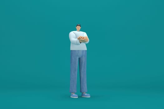 cartoon character wearing jeans and  long shirt. He is expression  of body and hand when talking. 3d rendering in acting.