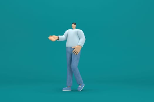 cartoon character wearing jeans and  long shirt. He is expression  of body and hand when talking. 3d rendering in acting.