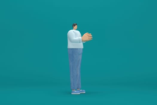 cartoon character wearing jeans and  long shirt. He is expression  of body and hand when talking. 3d rendering in acting.