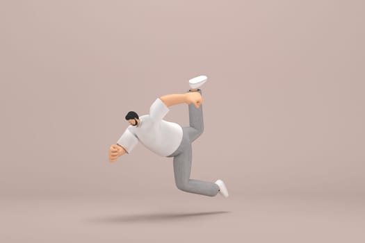 The man with beard wearinggray corduroy pants and white collar t-shirt.  3d illustrator of cartoon character in acting. He is falling down.