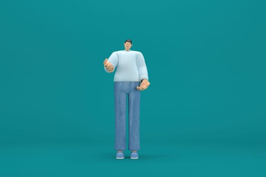 cartoon character wearing jeans and  long shirt. He is expression  of body and hand when talking. 3d rendering in acting.