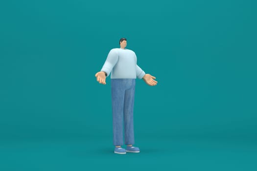 cartoon character wearing jeans and  long shirt. He is expression  of body and hand when talking. 3d rendering in acting.