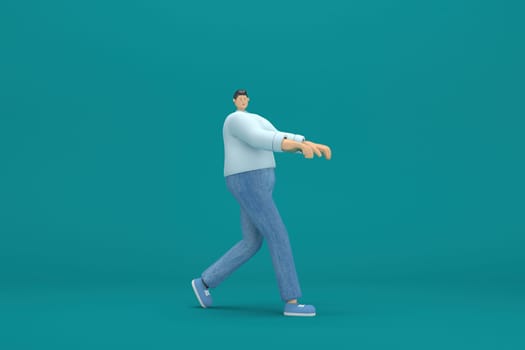cartoon character wearing jeans and  long shirt. He is expression  of body and hand when talking. 3d rendering in acting.