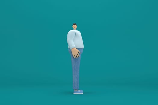 cartoon character wearing jeans and  long shirt. He is expression  of body and hand when talking. 3d rendering in acting.