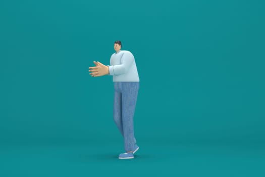 cartoon character wearing jeans and  long shirt. He is expression  of body and hand when talking. 3d rendering in acting.