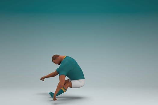 An athlete wearing a green shirt and white pants is jumping. 3d rendering of cartoon character in acting.