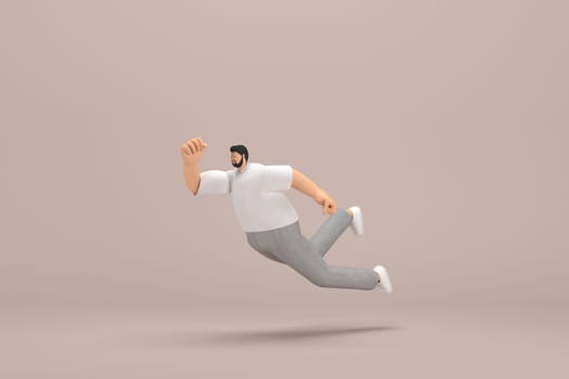 The man with beard wearinggray corduroy pants and white collar t-shirt.  3d illustrator of cartoon character in acting. He is falling down.