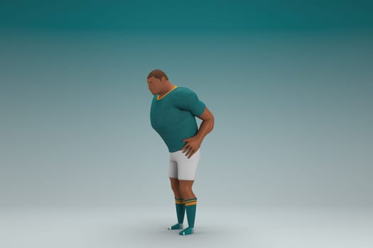 An athlete wearing a green shirt and white pants. He is sad or in pain. 3d rendering of cartoon character in acting.