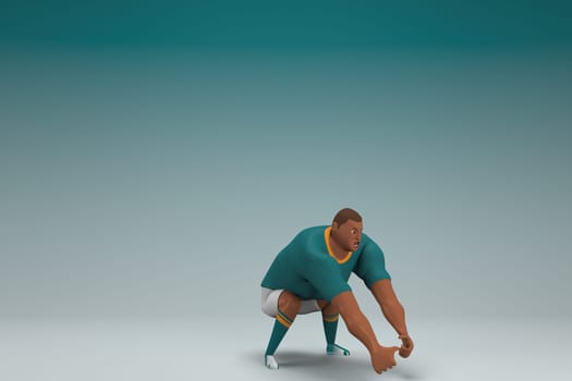 An athlete wearing a green shirt and white pants. He is pulling or pushing something. 3d rendering of cartoon character in acting.