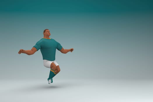 An athlete wearing a green shirt and white pants is jumping. 3d rendering of cartoon character in acting.