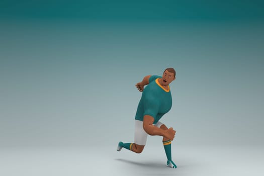 An athlete wearing a green shirt and white pants is runing. 3d rendering of cartoon character in acting.