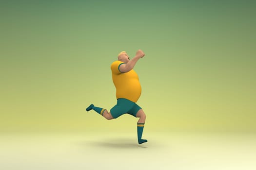 An athlete wearing a yellow shirt and green pants is runing. 3d rendering of cartoon character in acting.