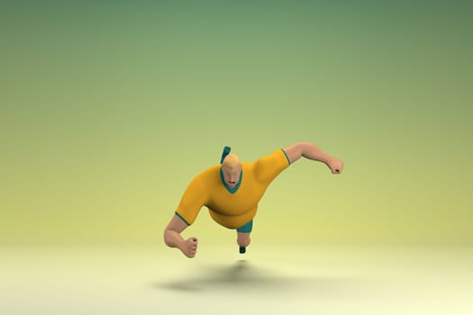 An athlete wearing a yellow shirt and green pants. He is falling down. 3d rendering of cartoon character in acting.