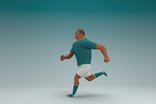 An athlete wearing a green shirt and white pants is runing. 3d rendering of cartoon character in acting.