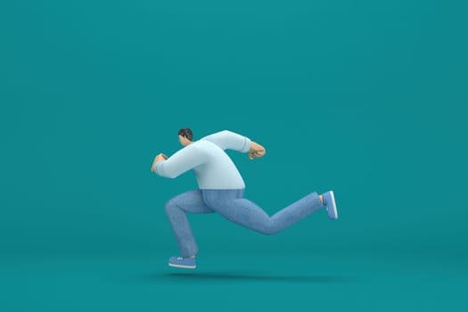 cartoon character wearing jeans white long shirt.  3d illustrator in acting. He is running.