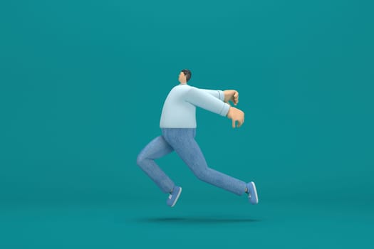 cartoon character wearing jeans white long shirt.  3d illustrator in acting. He is running.