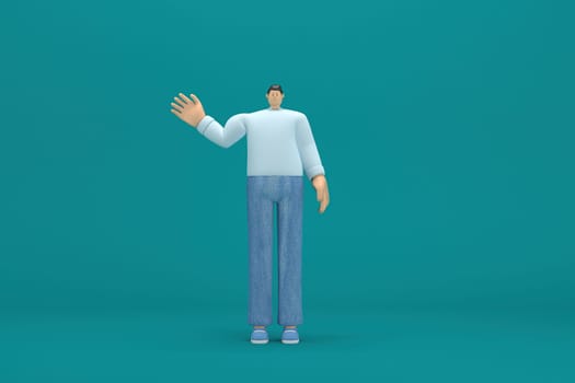 cartoon character wearing jeans and  long shirt. He is expression  of body and hand when talking. 3d rendering in acting.